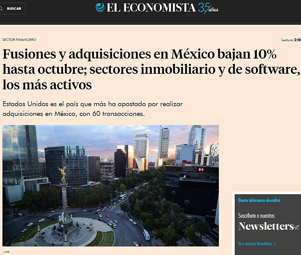 Fusiones y adquisiciones en Mxico bajan 10% hasta octubre; sectores inmobiliario y de software, los ms activos